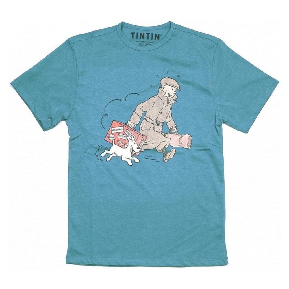 Tintin and Snowy Homecoming Graphic T-Shirt Youth 12 Blue Cartoon Tee Adventure